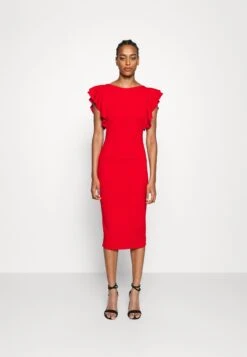 Contrast Frill Sleeve Midi Dress - Jersey Dress - Red/Fuchsia