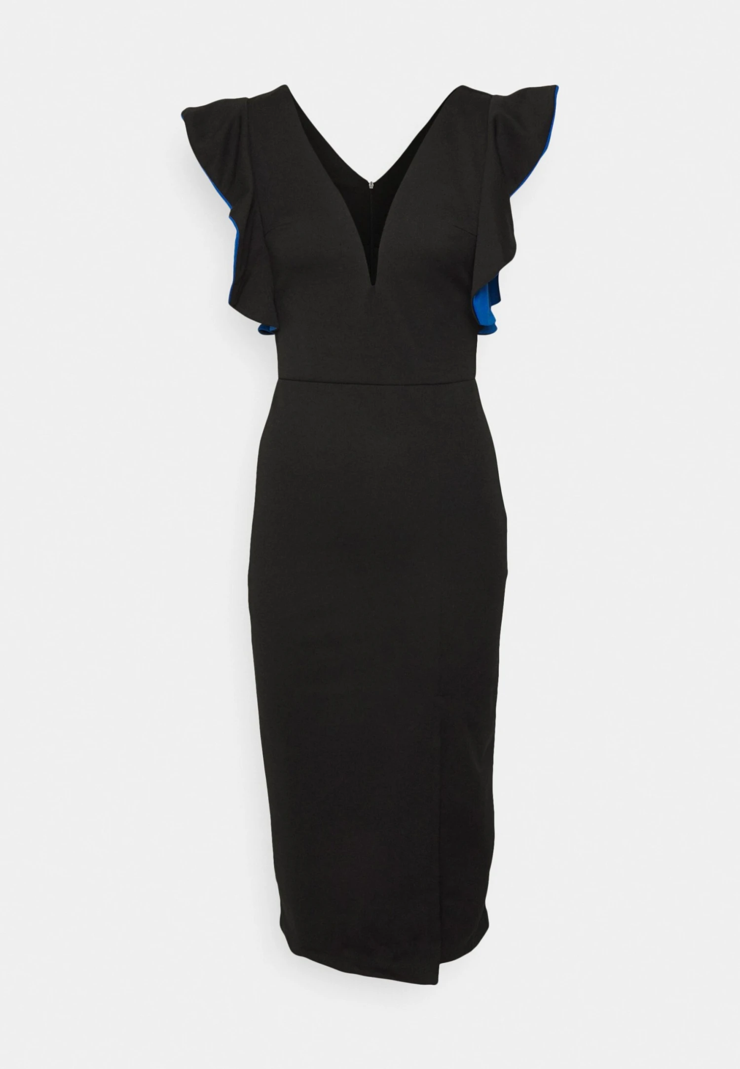 V Neck Ruffle Sleeve Midi Dress - Cocktail Dress / Party Dress - Black/Royal Blue - Image 4