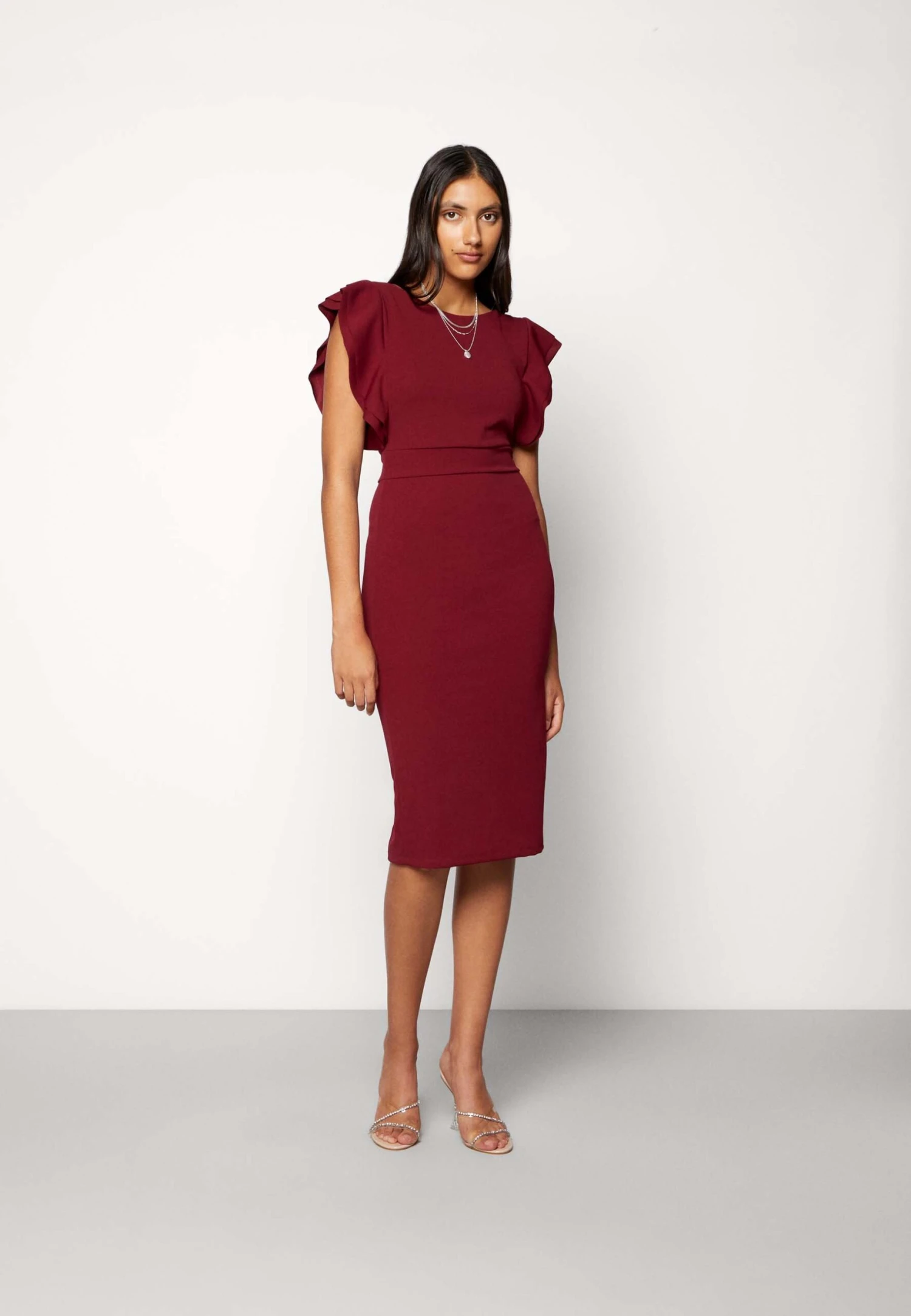 Wal G Diana Ruffle Sleeve Midi Dress - Jersey Dress - Berry Wine