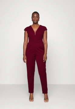 Curve Short Sleeve Plunge Jumpsuit - Jumpsuit - Wine